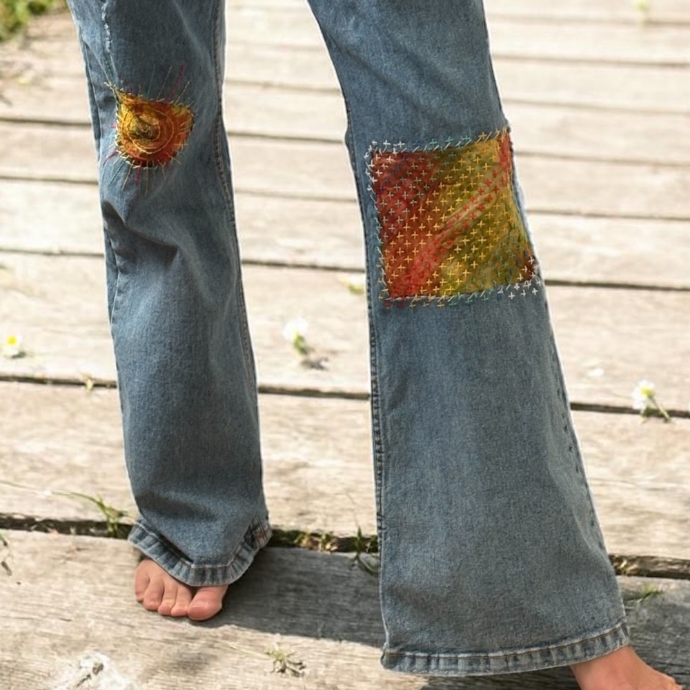 Upcycled Cotton On Flare Jeans | Hand Embroidered Sashiko | Size 12